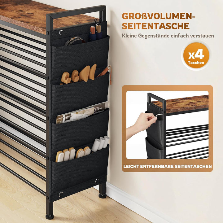 Schuhregal platzsparend 5 Ebenen für 16-20 Paar, Schuhschrank schmal mit Seitentaschen, Metall-Holz