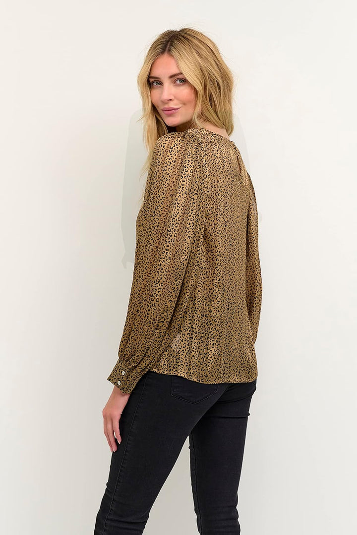 KAFFE Langarm Bluse KAsimi Damen Bluse Langarm Rundhals Print Shirt Standard 34 Brown Leopard Print,