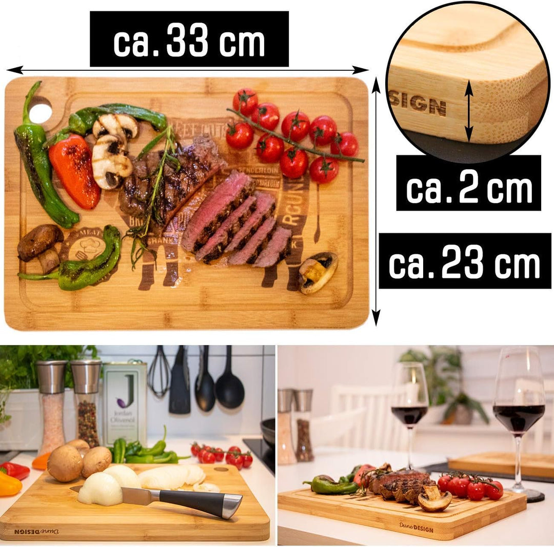 DuneDesign Steakteller aus Bambus 2er Set – massive Holz Steakbretter 33x23 cm, 2 cm dick – stilvoll