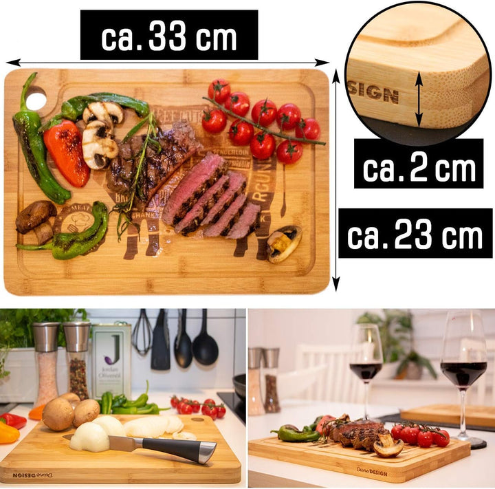 DuneDesign Steakteller aus Bambus 2er Set – massive Holz Steakbretter 33x23 cm, 2 cm dick – stilvoll