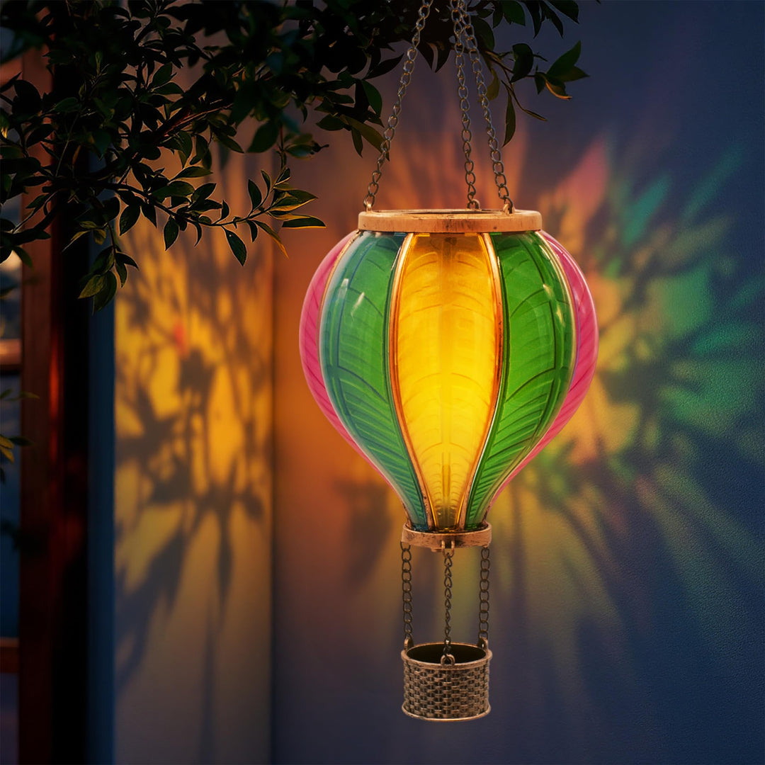 Solar LED Heissluftballon Lampe bunt zum Hängen - 45 cm - Garten Lichtspiel mit Flammen Effekt warm