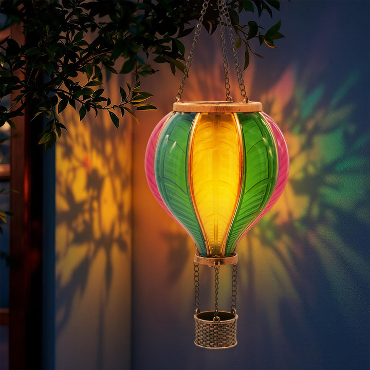 Solar LED Heissluftballon Lampe bunt zum Hängen - 45 cm - Garten Lichtspiel mit Flammen Effekt warm