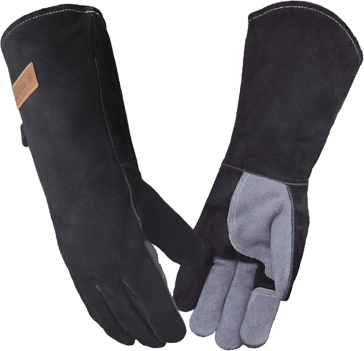WZQH 40 cm, Leder Grillhandschuhe, Feuerfester Hitzebeständige Mitts für Schweissen, Feuerwehr, Kami