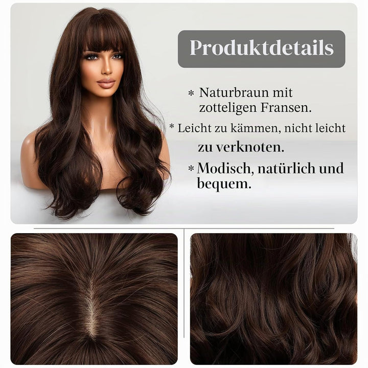 HAIRCUBE Lange braune Perücke mit Pony Welle Lockige Perücken für Frauen 26 Zoll Hitzebeständige nat