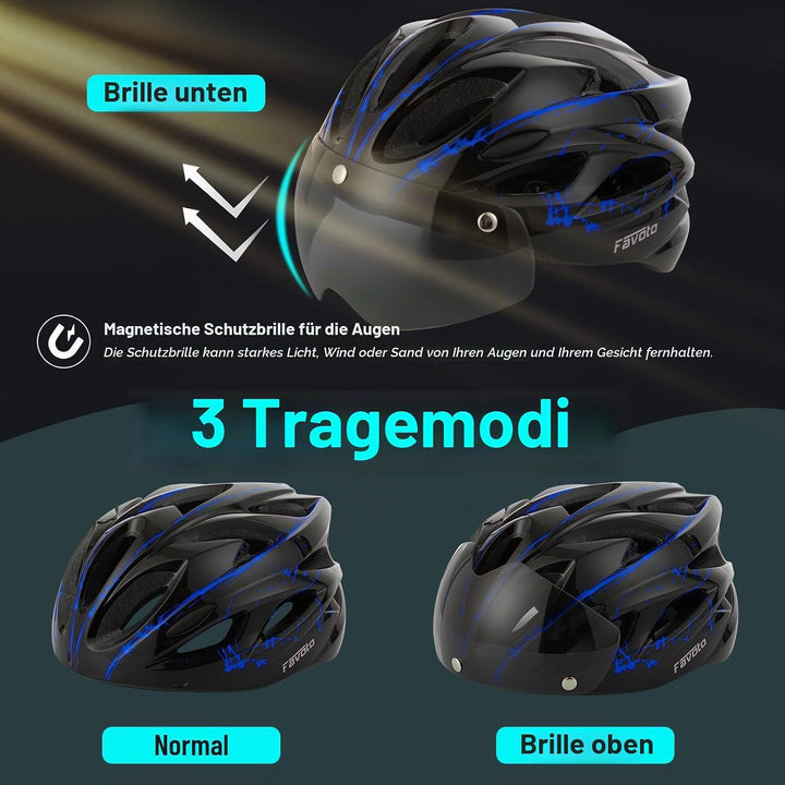 Favoto Fahrradhelm Herren mit Licht - Damenhelm Fahrradhelm Leichtgewicht Atmungsaktiv mit Brille Rü