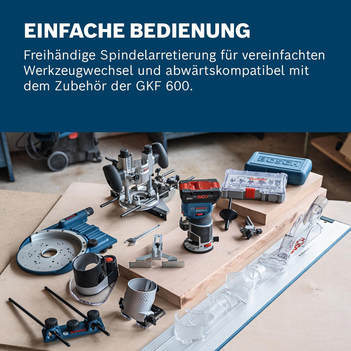 Bosch Professional 18V System Akku-Kantenfräse GKF 18V-8 (inkl. Parallelanschlag, 2x Saugadapter zum