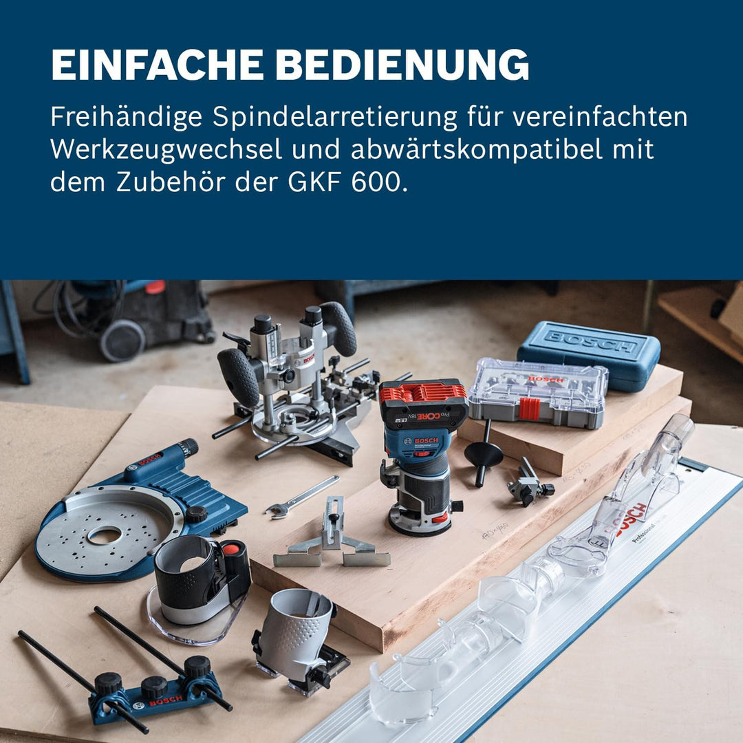 Bosch Professional 18V System Akku-Kantenfräse GKF 18V-8 (Parallelanschl., 2x Saugadapter Fr., Spans