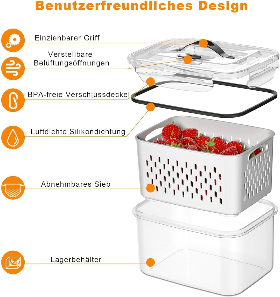 4er Pack Kühlschrank Organizer – Gemüse Aufbewahrung & Organisation, stapelbar mit Sieb, Deckel und