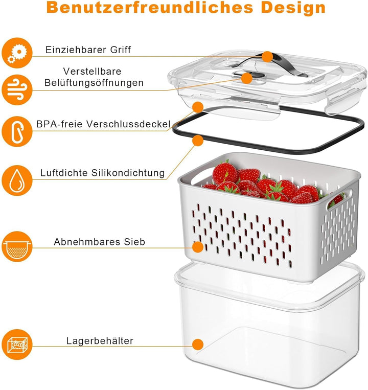 4er Pack Kühlschrank Organizer – Gemüse Aufbewahrung & Organisation, stapelbar mit Sieb, Deckel und