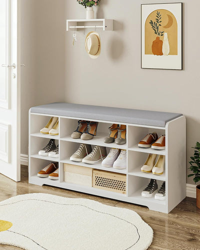 Hzuaneri Schuhbank, Schuhregal mit Sitzfläche, Sitzbank mit Stauraum, Kissen, 9 Fächer, 103 x 30 x 5