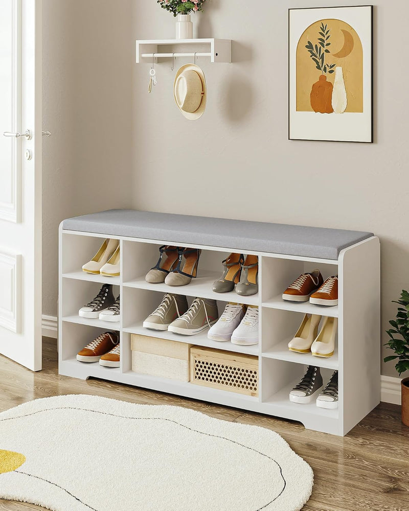Hzuaneri Schuhbank, Schuhregal mit Sitzfläche, Sitzbank mit Stauraum, Kissen, 9 Fächer, 103 x 30 x 5