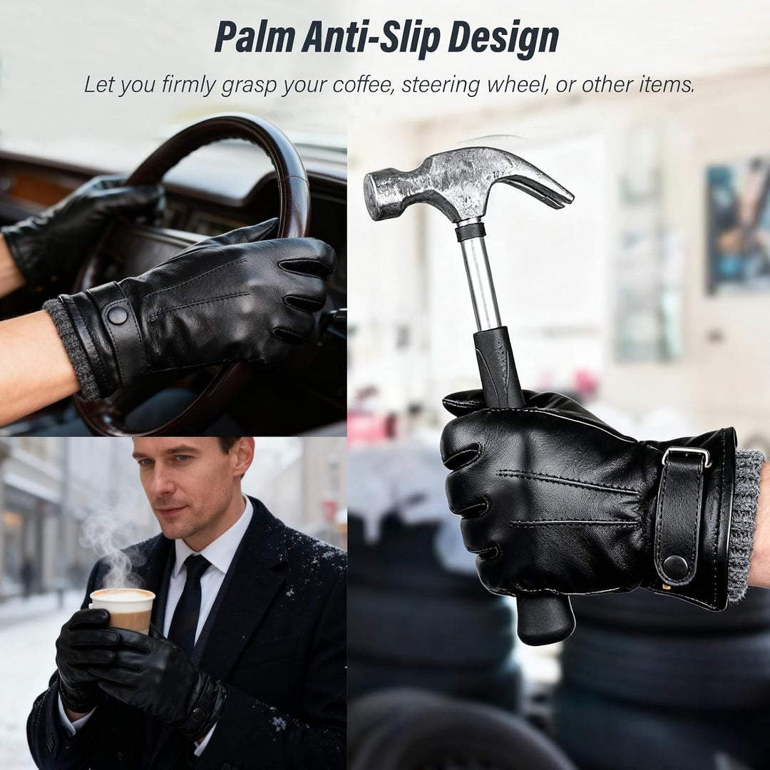 HEYANN Herren Winter Echtes Schaffell Leder warme Schwarze Handschuhe Kaschmir Futter Winddicht Kält