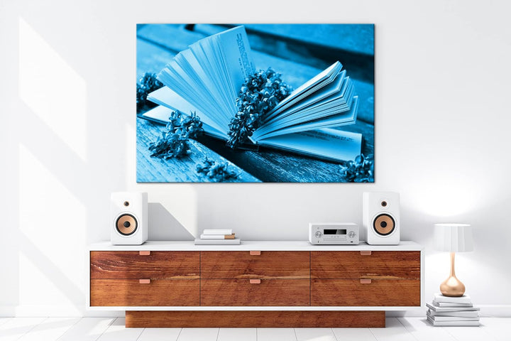 deyoli Aufgeschlagenes Buch mit Fliederzweigen Format 100x70 Effekt: Monocrome Blau als Leinwandbild