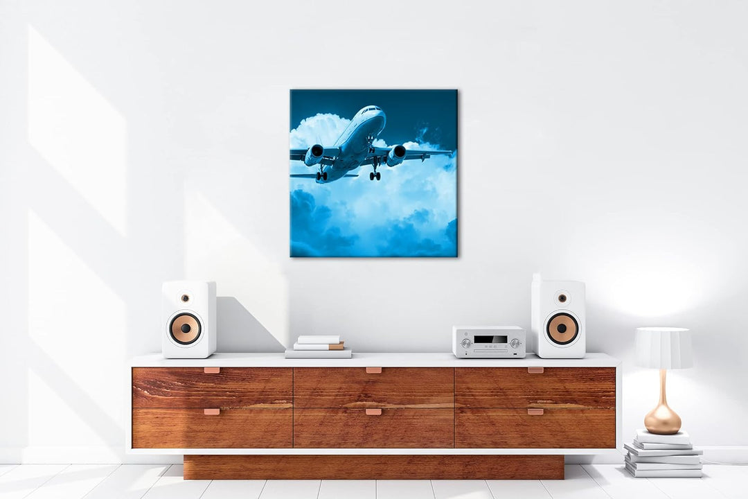 Flugzeit in den Wolken im Format: 60x60 Effekt: Zeichnung als Leinwandbild, Motiv auf Echtholzrahmen