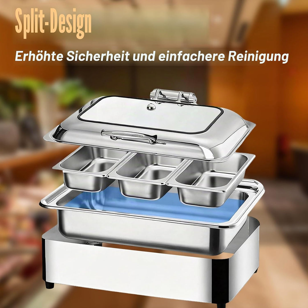 Chafing Dish Elektrisch, 9L Edelstahl Warmhaltebehälter Essen Elektrisch mit Glasdeckel, Speisewärme