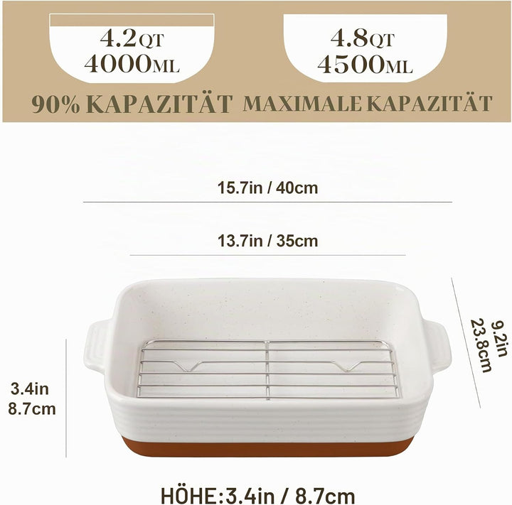 MALACASA, Serie TARA, Auflaufform Gross, Auflaufform mit Rost, 4.5L Backformen, Auflaufformen rechte