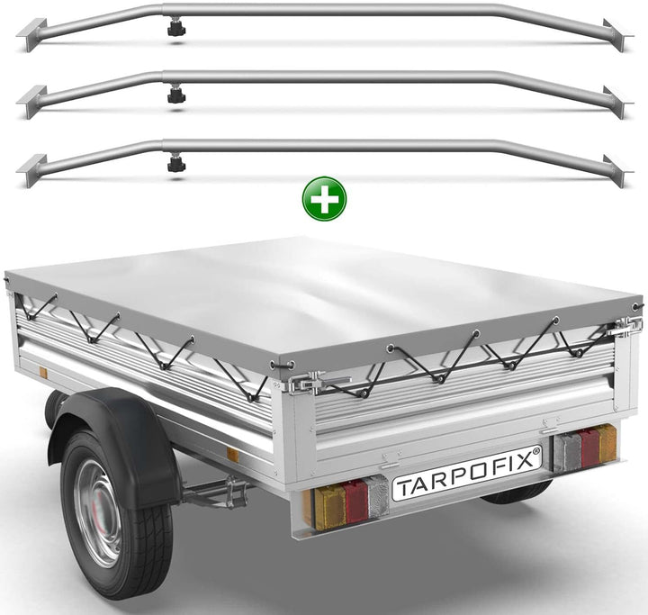 Tarpofix® Anhängerplane Flachplane 2075x1140 + 3x Planenbügel (verstellbar 100-145 cm) - randverstär