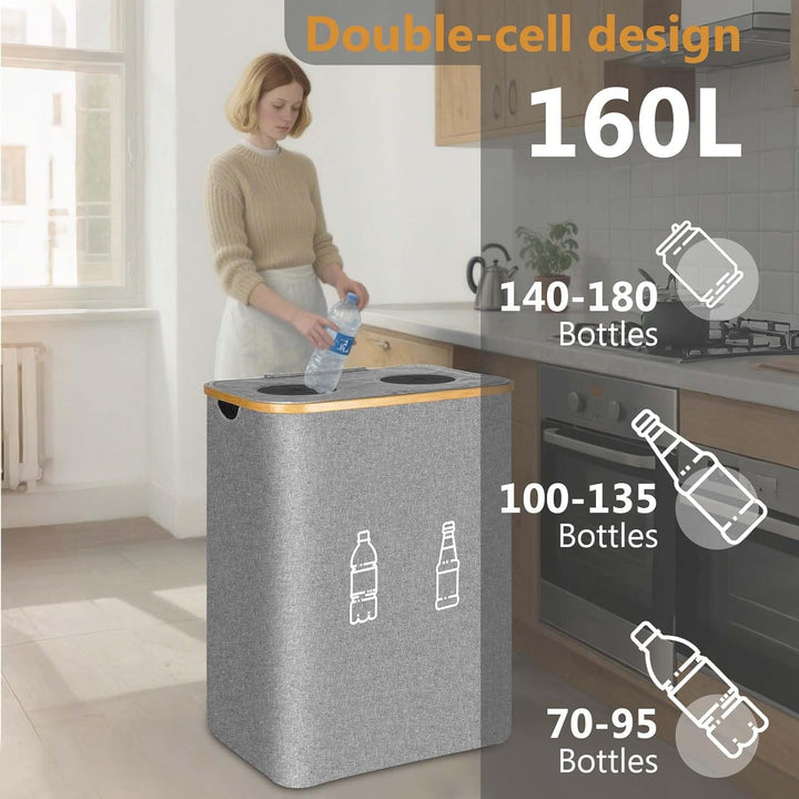 Pfandflaschen Sammelbehälter 2 Fächer, 160L Pfandflaschen Behälter mit 4 Tragetaschen, Grosse Aufbew