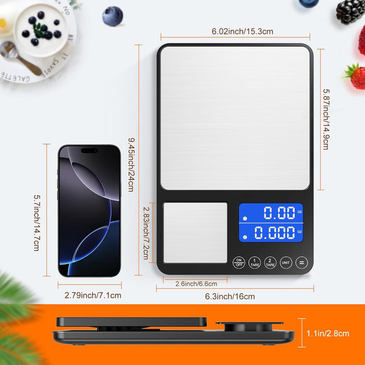 BRICH Digitale Küchenwaage mit Dual-Plattform, 15kg/1g & 500g/0.01g Präzisionswaage mit Tara- & Summ