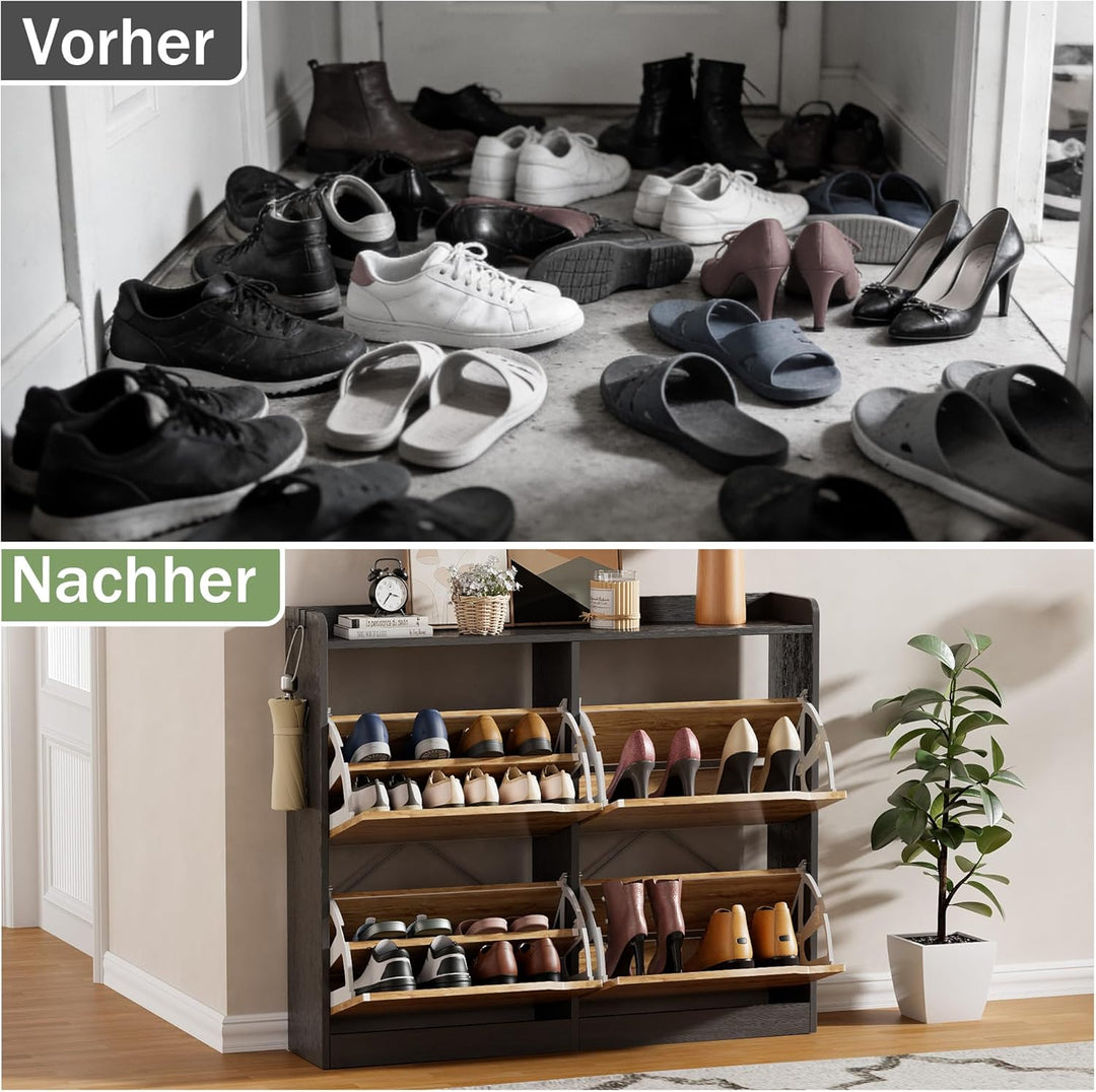 Schuhschrank Schmal mit 4 Klappen, Platzsparender Schuhkipper Holz Schuhkommode Schuhregal mit 4 Abl