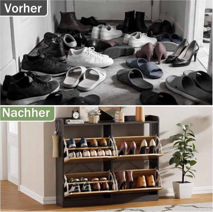 Schuhschrank Schmal mit 4 Klappen, Platzsparender Schuhkipper Holz Schuhkommode Schuhregal mit 4 Abl