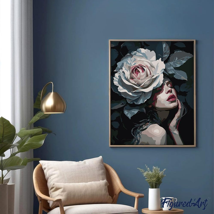 Figured'Art Malen Nach Zahlen Erwachsene Mit Rahmen Dame mit Weisser Rose - Paint by Numbers Basteln