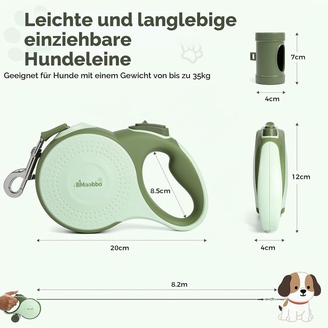 Einziehbare Hundeleine 8m, Rollleine mit bissfesten Stahlseil &amp; Kottaschenhalter, Verhedderungsfreie