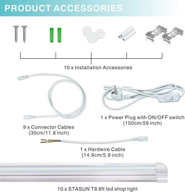 STASUN 10er Pack 150cm LED Bürodeckenleuchten, 40W 5200LM Eingebaute LED Röhrenleuchte, Bürobeleucht
