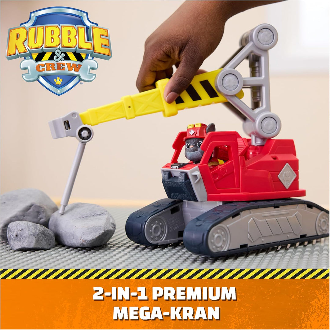 Rubble & Crew - Chargers 2-in-1 Mega Kran, Premium Baufahrzeug mit Abnehmbarer Baggerkralle und Pres