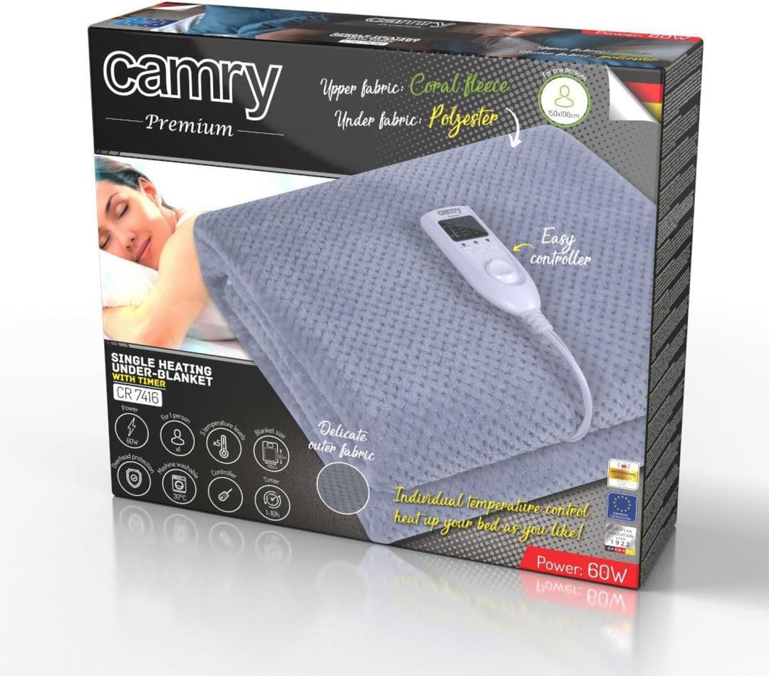 Camry CR-7416 Elektrische Bettheizung, 60 W, 8 Temperaturstufen, Timer, waschbar, 150 x 100 cm, Über