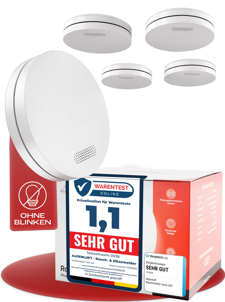 ALPENLUFT Rauchmelder 10 Jahre Batterie, Feuermelder Flach, Rauchwarnmelder, Brandmelder, | Ohne Boh