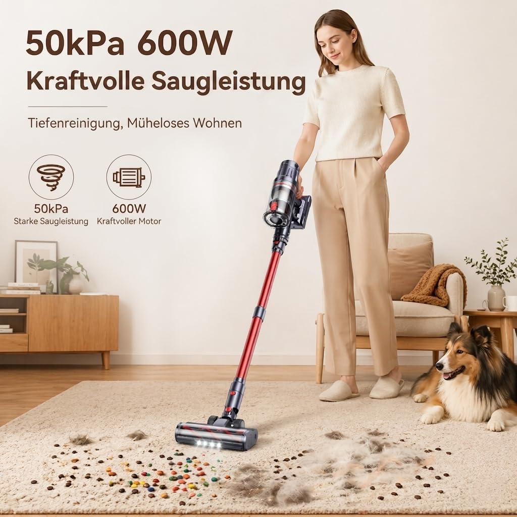 INTETURE Akku Staubsauger Kabellos, 600W/50KPa Akkustaubsauger mit 65 Min. Laufzeit, Selbststehender