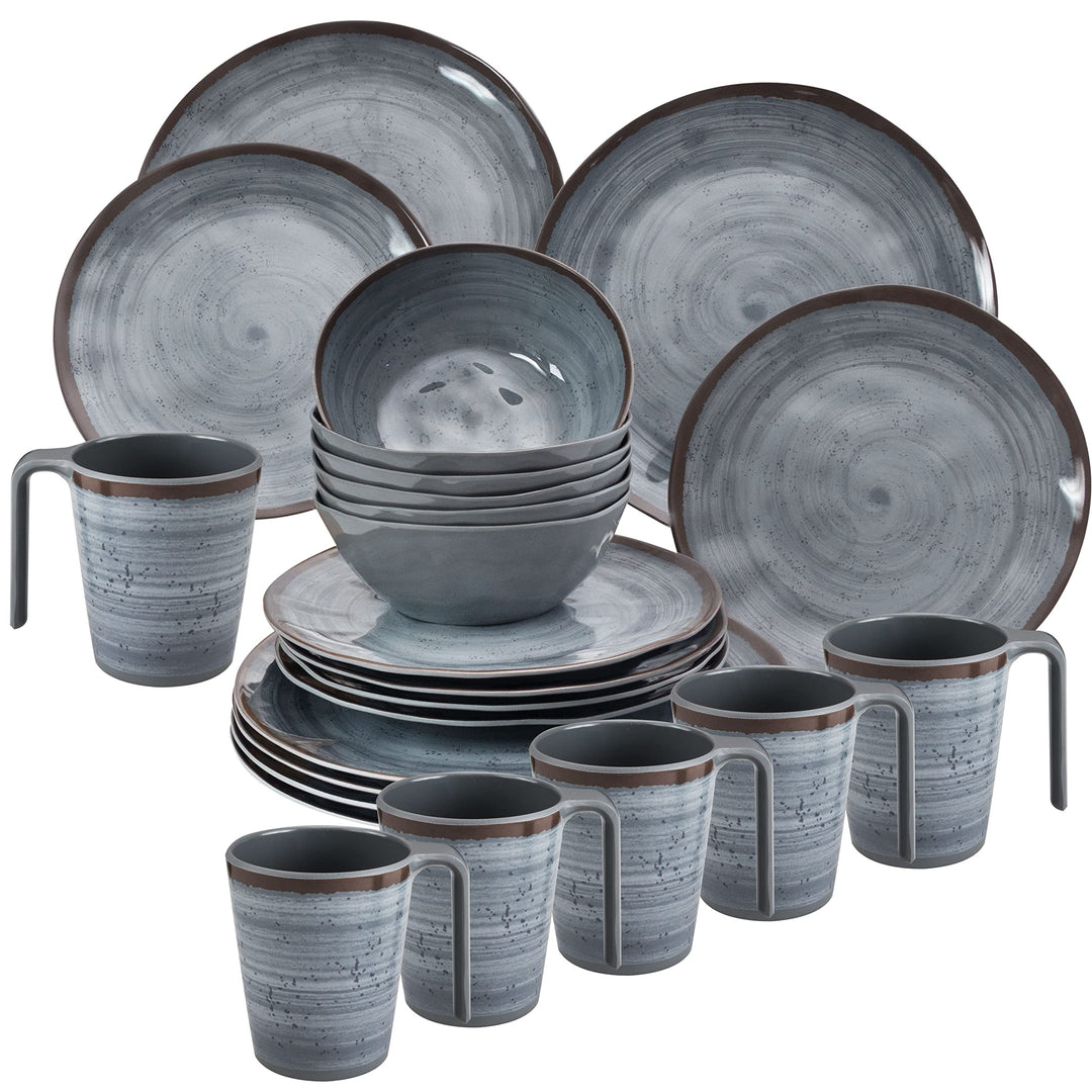 Melamin Camping Geschirr Set für 6 Personen grau 24 Teile Tellern Tassen Grau - 24 Teile mit Tassen,