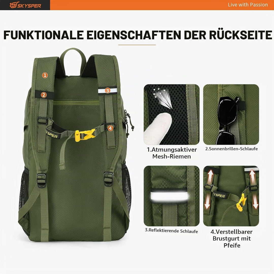 SKYSPER Ultraleichter Faltbarer Rucksack mit Nassfach - Wasserfest und Verstaubarer Daypack für Wand