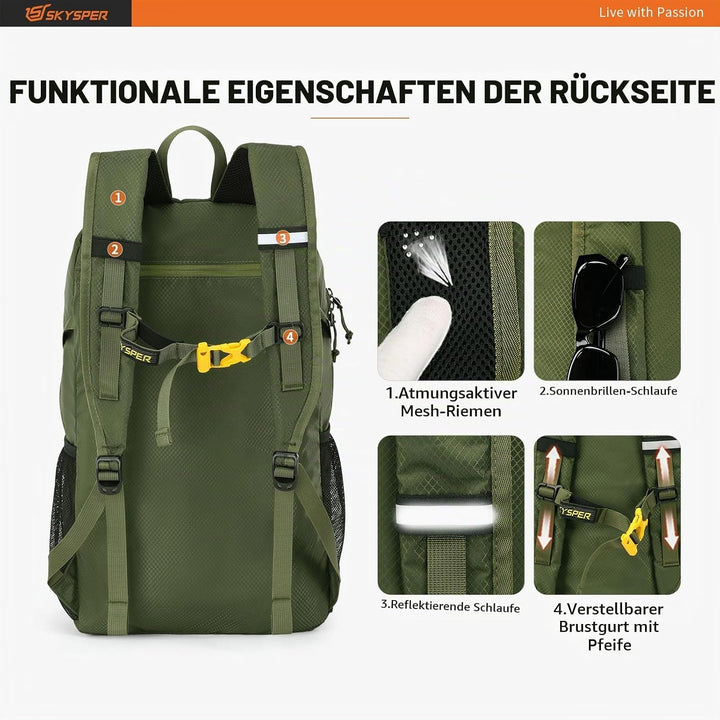 SKYSPER Ultraleichter Faltbarer Rucksack mit Nassfach - Wasserfest und Verstaubarer Daypack für Wand