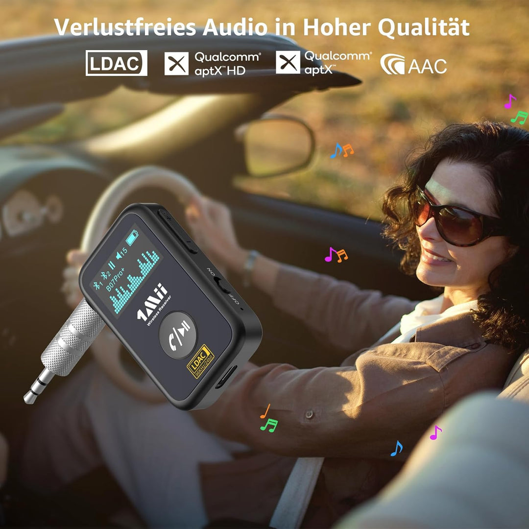1Mii Aux Bluetooth Adapter Auto, Bluetooth 5.3 Empfänger mit LDAC, aptX-HD, OLED-Bildschirm, Dualer