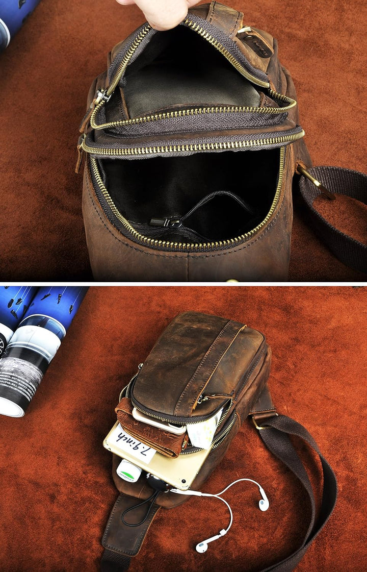 Le’aokuu Herren Echtes Leder Hüfttasche Brusttasche Bauchtsche Crossbody Bag Sling Bag Schultertsche