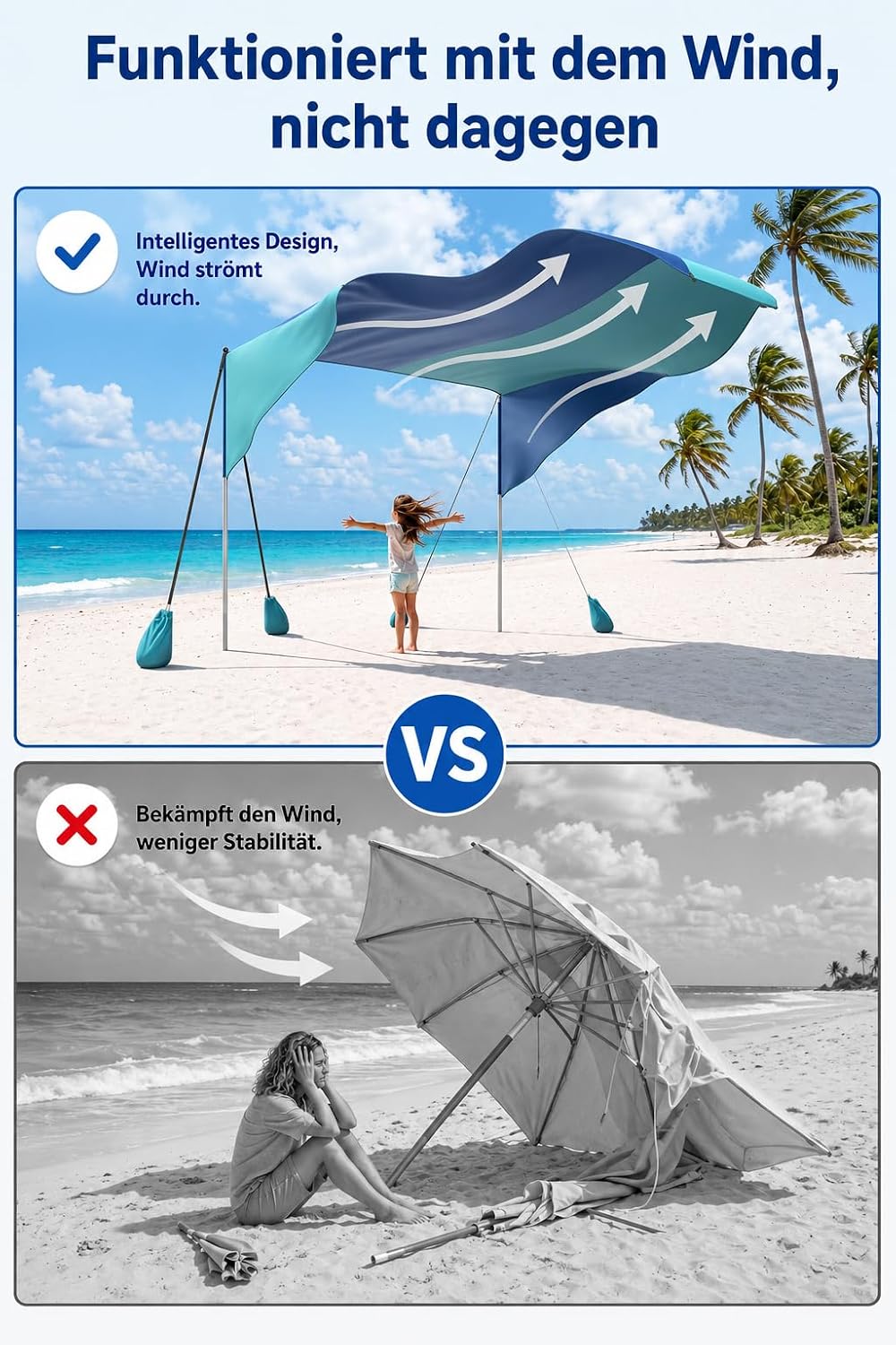 Strand-Sonnensegel 3 x 3 m, windfest, UPF 50+, für 4–6 Personen | 9,3 m² Schattenfläche mit Stangen