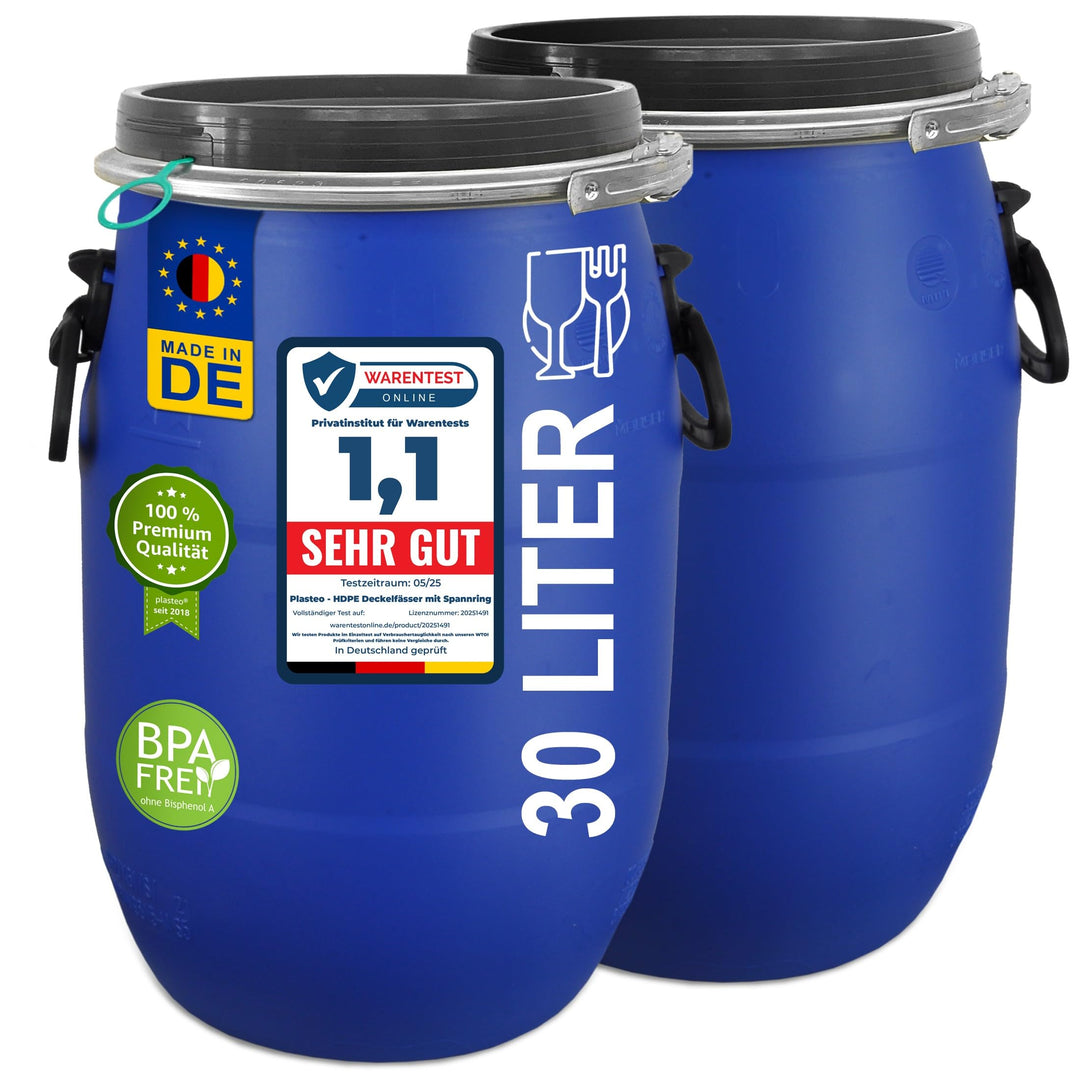 plasteo® 2 Stück 30 Liter Deckelfass lebensmittelecht FDA-Zulassung UN-Zulassung IKG Gütezeichen Kun