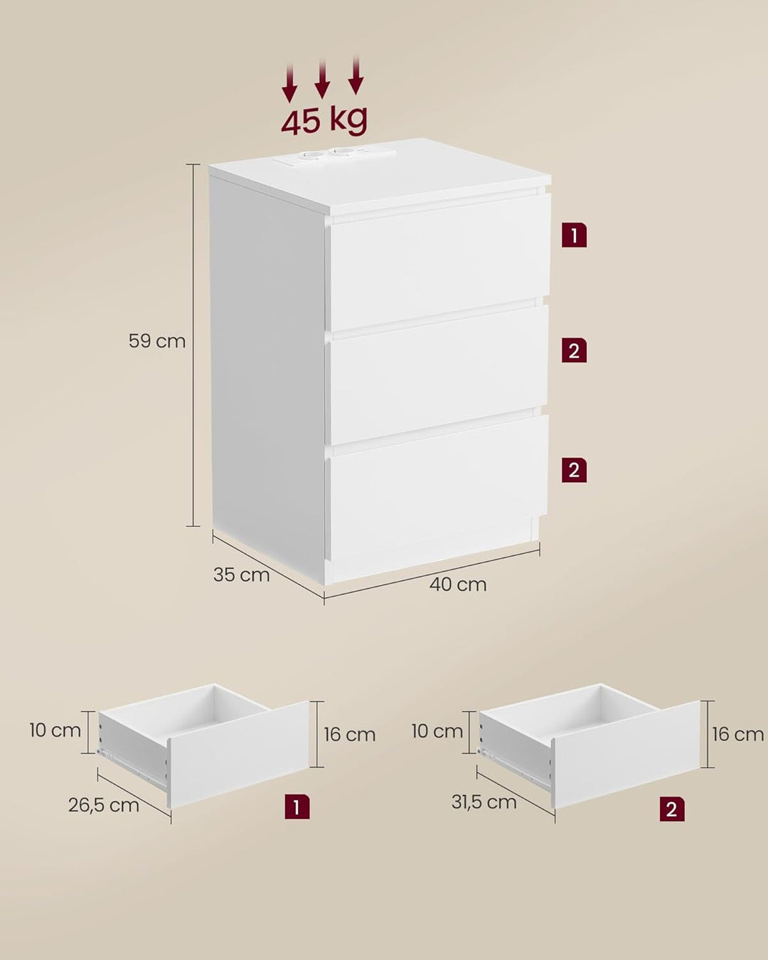 VASAGLE Kailyn Kollektion - Nachttisch mit Steckdosenleiste, Beistelltisch, 3 Schubladen, 2 AC-Steck