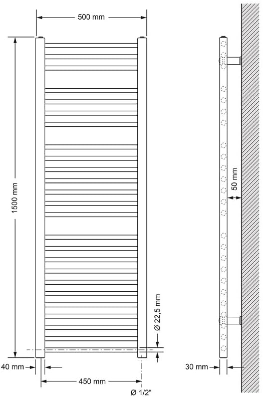 LuxeBath Badheizkörper Elektrisch mit Heizstab 1200W - 500 x 1500 mm - Weiss - gerade mit Seitenansc