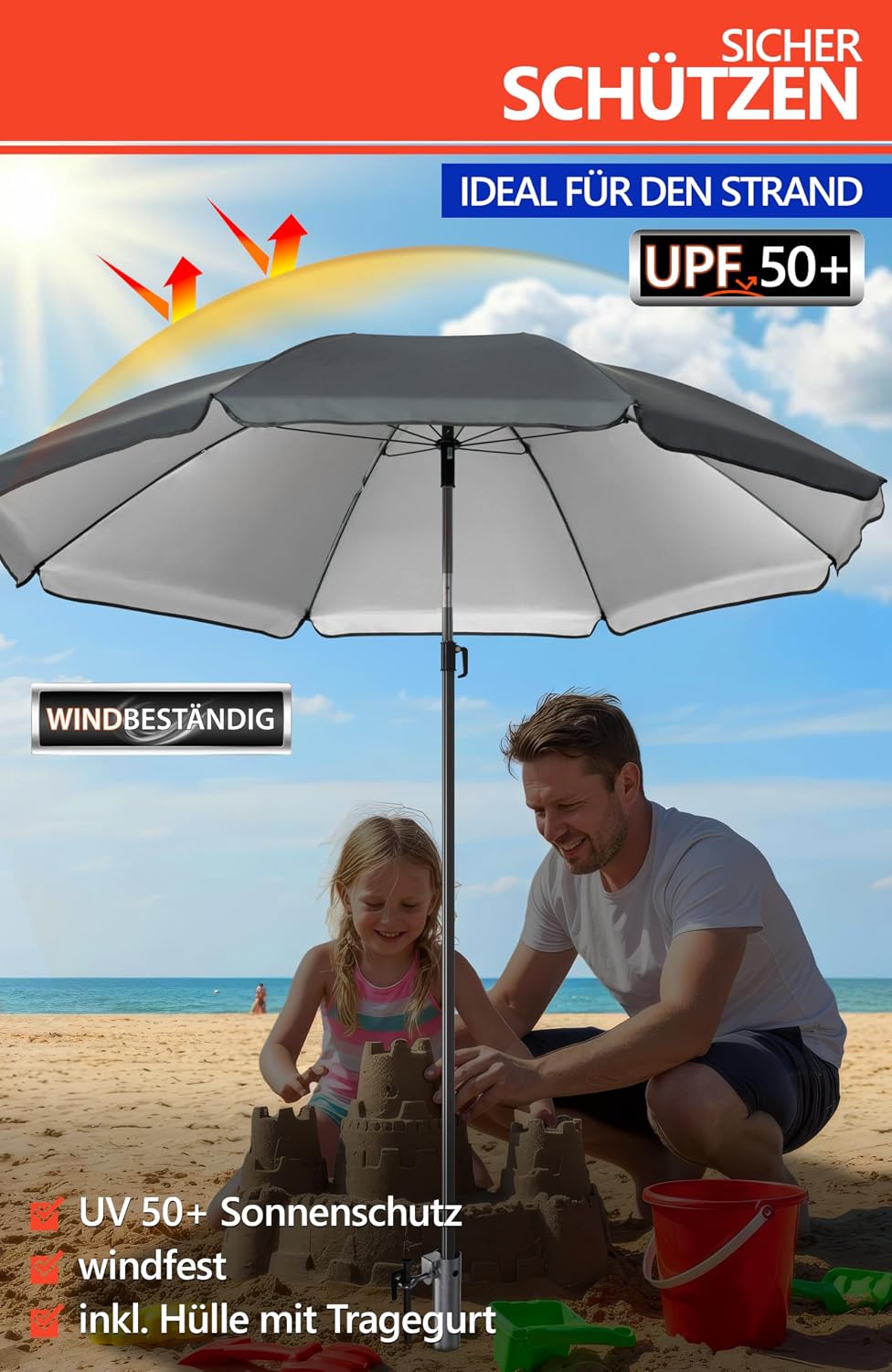 4smile Sonnenschirm Strand SET mit Eindrehbodenhülse, Ø 200 cm, Anthrazit | Strandschirm Windfest St