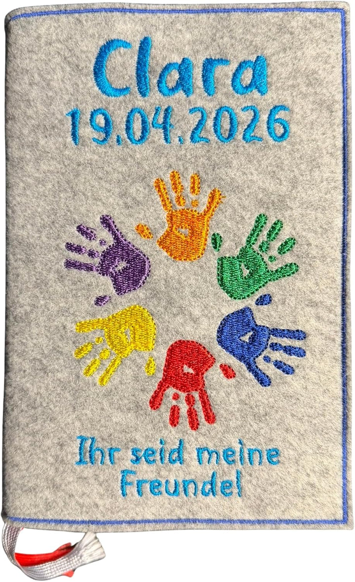 Gotteslobhülle personalisiert – Filz Umschlag mit Bunten Händen – bestickt mit Name & Datum – Gesche