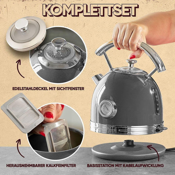 ProfiCook® Wasserkocher 1,7L im stilvollen Vintage-Design - Retro Wasserkocher mit massivem Metallge