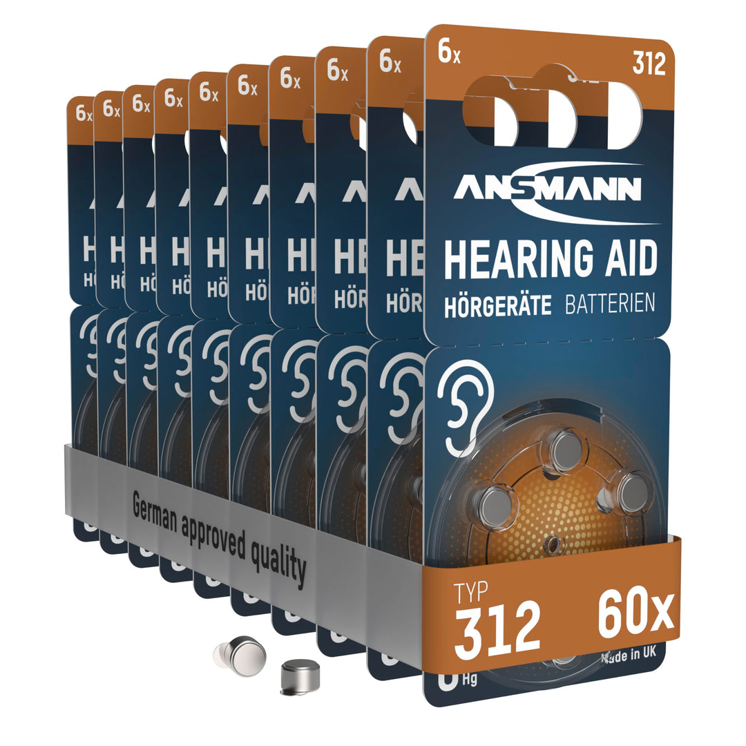 ANSMANN Hörgerätebatterien 312, 60 Stück, Batterien Typ 312 P312 ZL3 PR41, braun, Zink-Luft, Sparpac