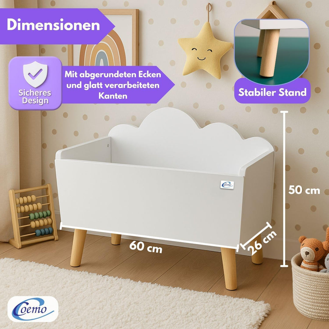 Spielzeugkiste Weiss Kinderzimmer LILO 28x58x44 cm – Aufbewahrungskiste mit Wolkenoptik, robuste MDF