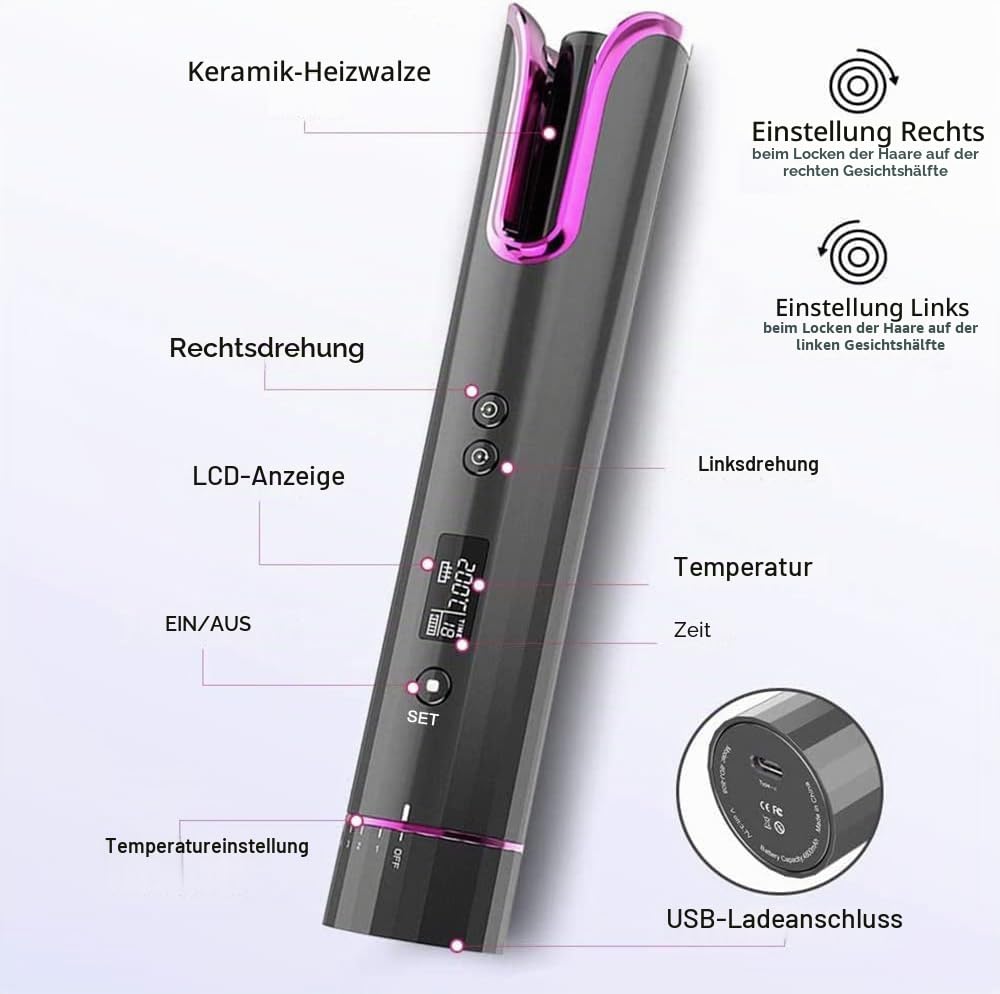 OBA Automatisches Kabelloses Lockenstäbchen, USB-Wiederaufladbar, LCD-Display, Timer 8-18s, Temperat