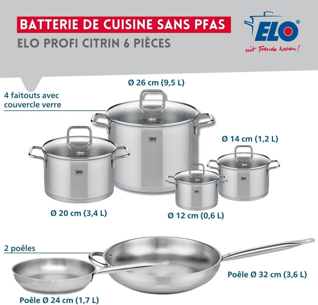 ELO 9507350 Kochgeschirr-Set, 6-teilig, 2 Bratpfannen 24 und 32 cm und 4 Kochtöpfe 12, 14, 20 und 26