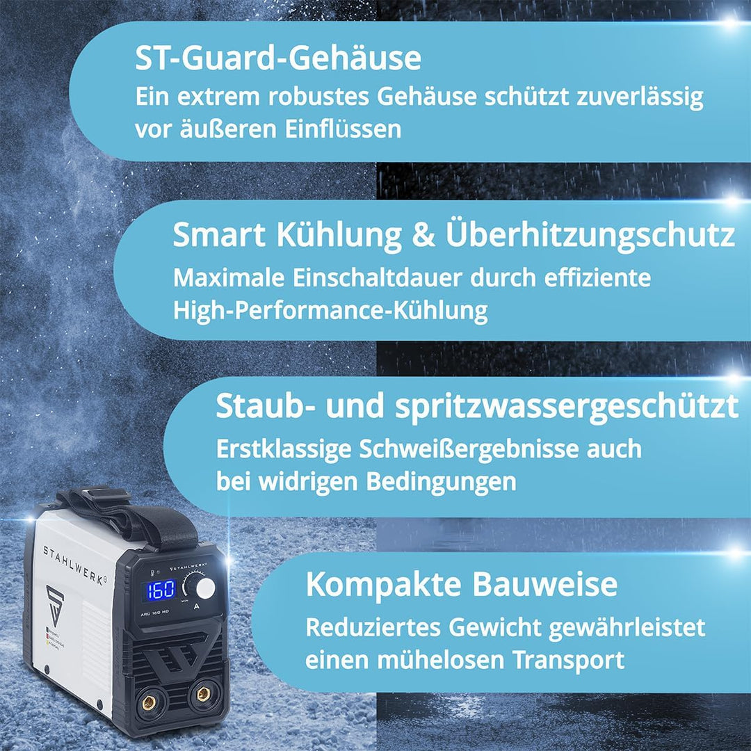 STAHLWERK Elektroden-Schweissgerät ARC 160 MD – MMA (E-Hand) bis 160 A, flexibel einsetzbar ohne Gas