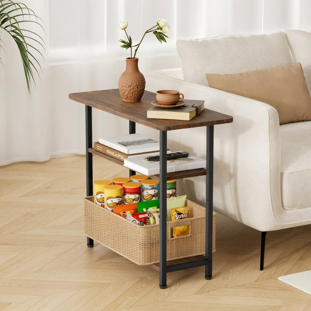 MISSLO Beistelltisch Couch, Schmaler Sofatisch, 3-Etagiger Holz Nachttisch mit breiter Ablage, Klein